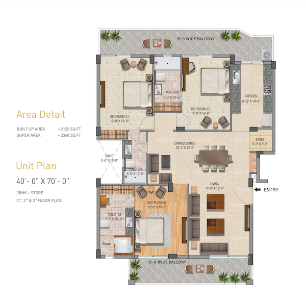 3 BHK + Store (1st, 2nd & 3rd Floor Plan) (40' x 70')