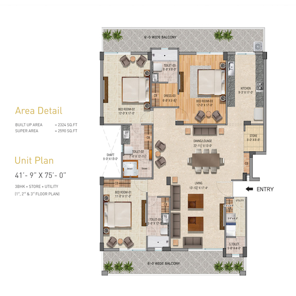 3 BHK + Store + Utility (1st, 2nd & 3rd Floor Plan) (41'-9 x 75')